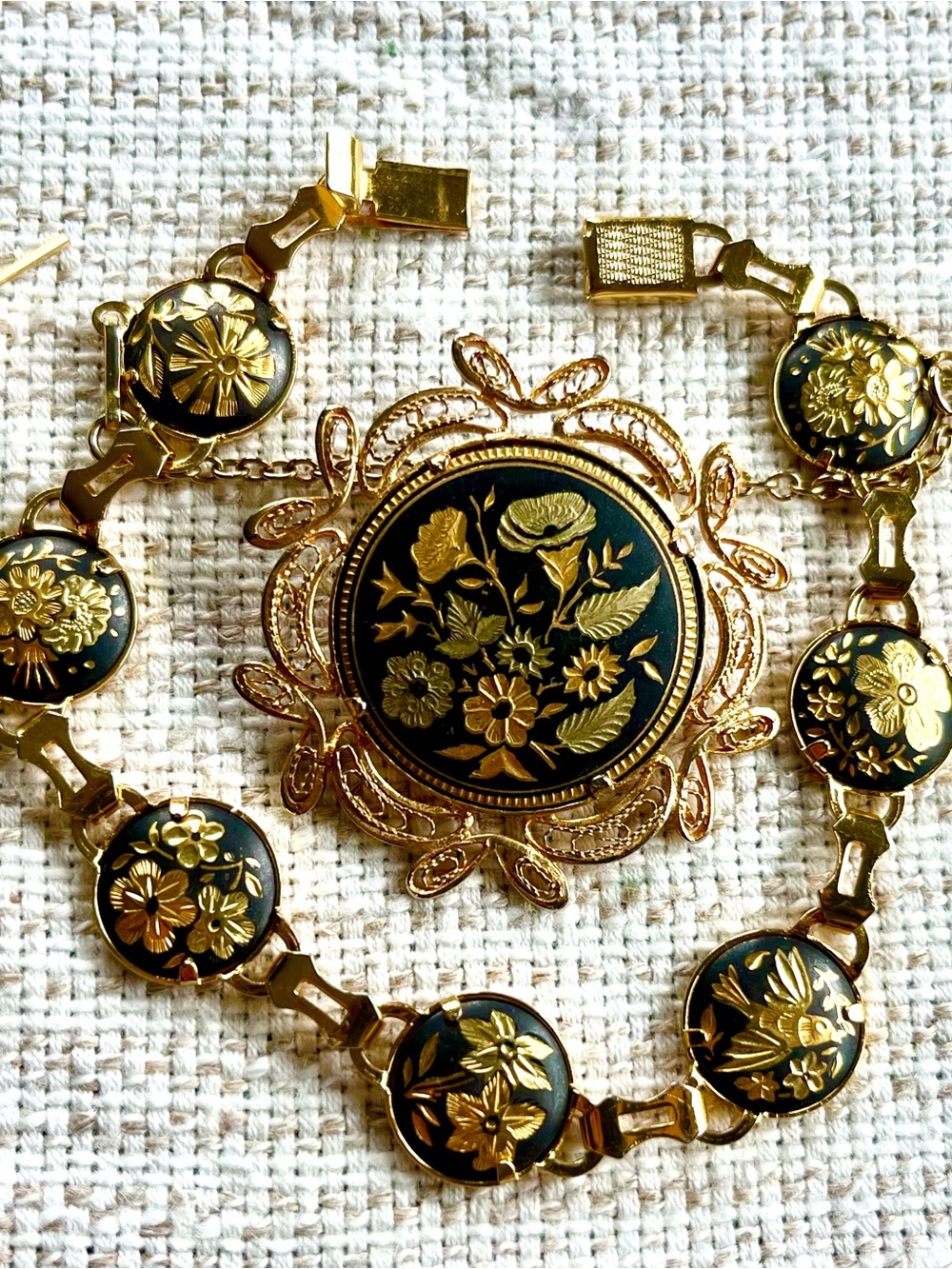 Toledo Spain Damascene jewelry set Vintage